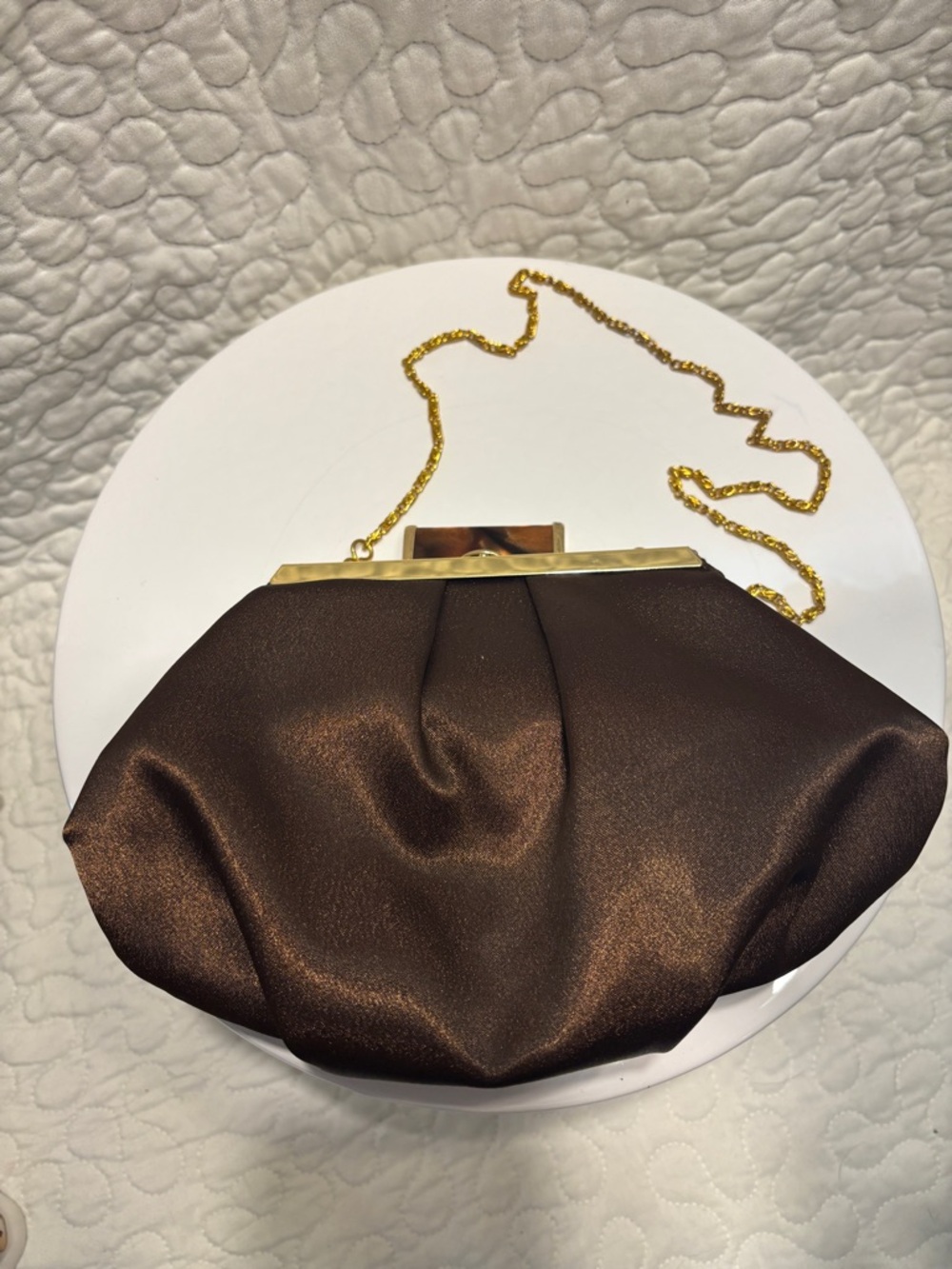 Jessica McClintock Brown Satin Evening Clutch with Gold Chain